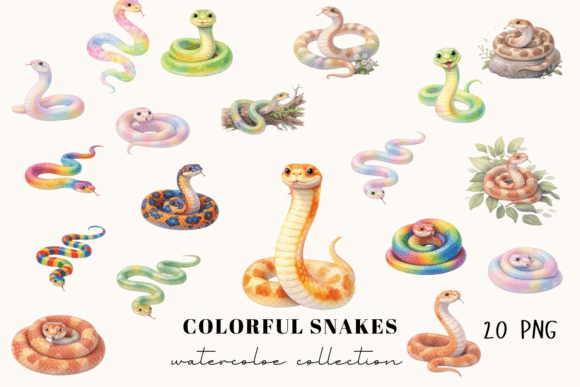 Colorful Snake Watercolor Clipart: Playful Design Assets