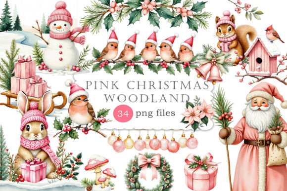 Enchanting Pink Christmas Woodland PNG Designs