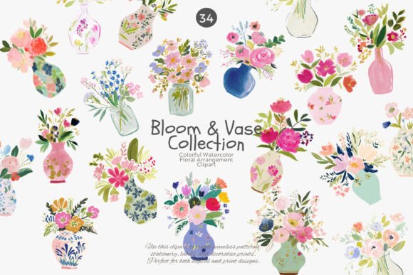 Watercolor Floral Vase Clipart Bundle: Vintage Blooms for Modern Design