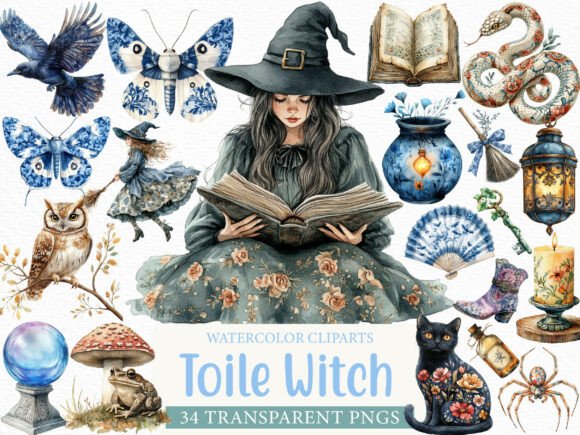Watercolor Toile Witch Clipart: Vintage Magic for Modern Design